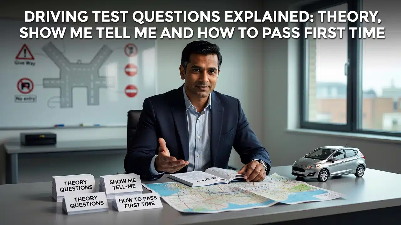 Driving Test Questions Explained: Theory, Show Me Tell Me and How to Pass First Time 4 Professional header image for list-based article: Driving Test Questions Explained: Theory, Show Me Tell Me...