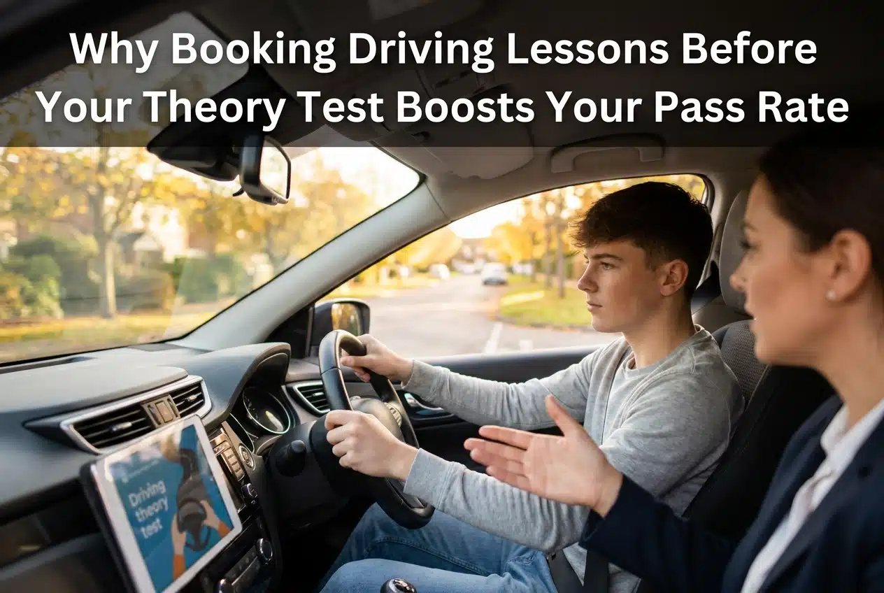 Professional header image for industry analysis: Why Booking Driving Lessons Before Your Theory Test Boost...