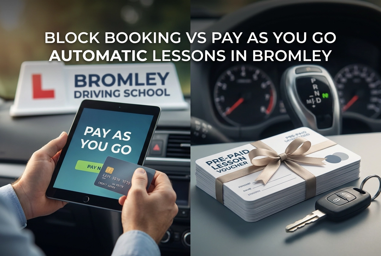 Professional header image for comparison analysis: Block Booking vs Pay As You Go Automatic Lessons in Bromley